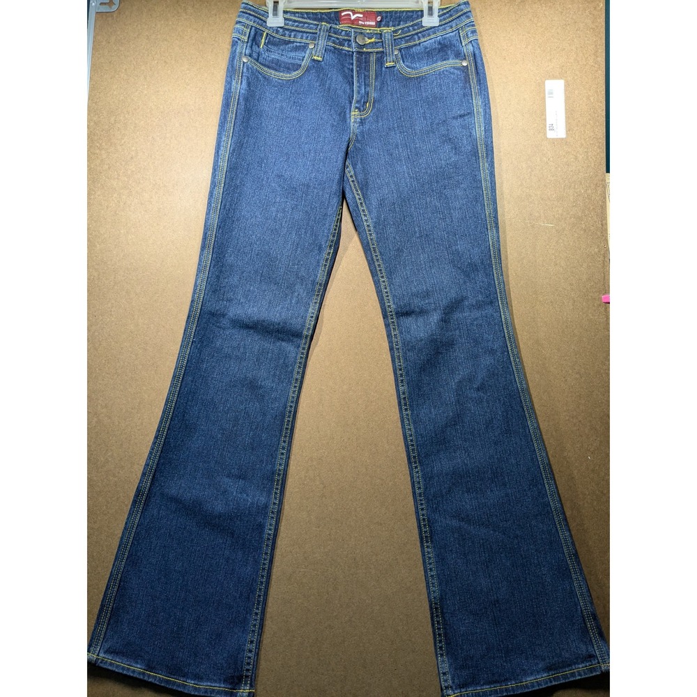 Miss Vigoss Women Low Rise Flare Jeans Dark Wash Yellow Stitching Size 9/10
